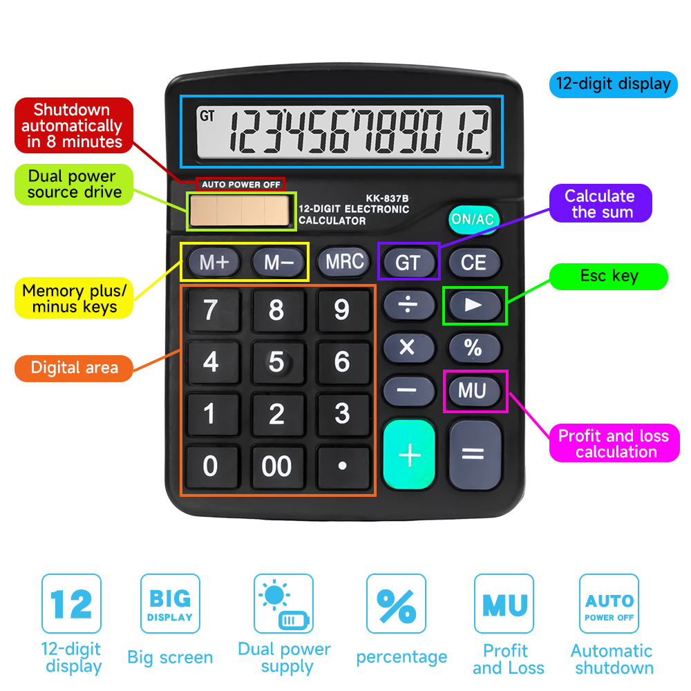 Large Button 12-Digit Calculator, Multifunctional Financial Accounting Office Desktop Calculator with Dual Power Supply, Suitable for Students - 图片 3