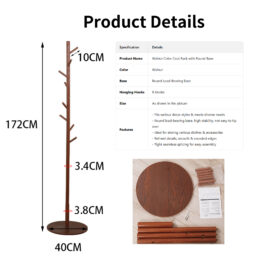 Solid Wood Floor-Standing Coat Rack with Round Base, Bedroom Clothes Hanger, Home Entrance Hallway Clothes Rack, Dormitory Bag Hanger
